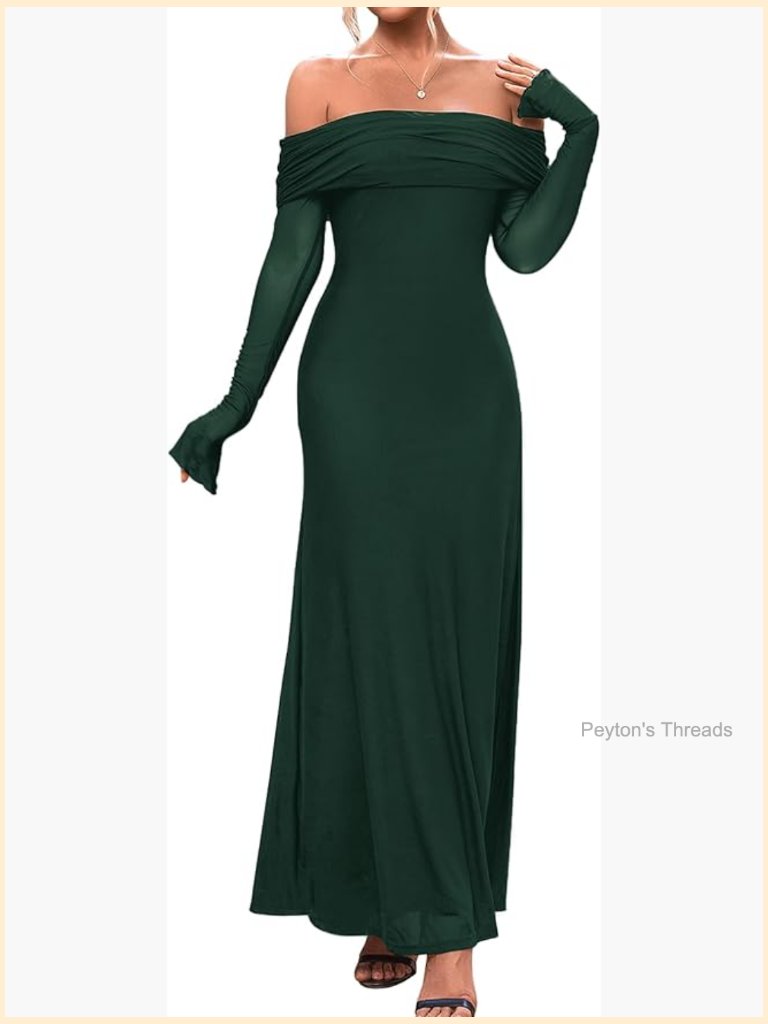 Off Shoulder Bodycon Maxi Dress Long Sleeve Mesh Ruched Party